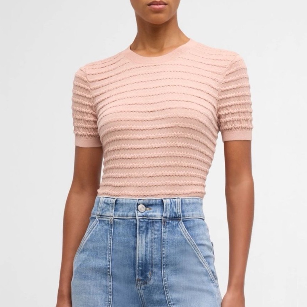 Frame Denim Women's Smocked Silk Blend Sweater / Short Sleeve Top Pink Peony